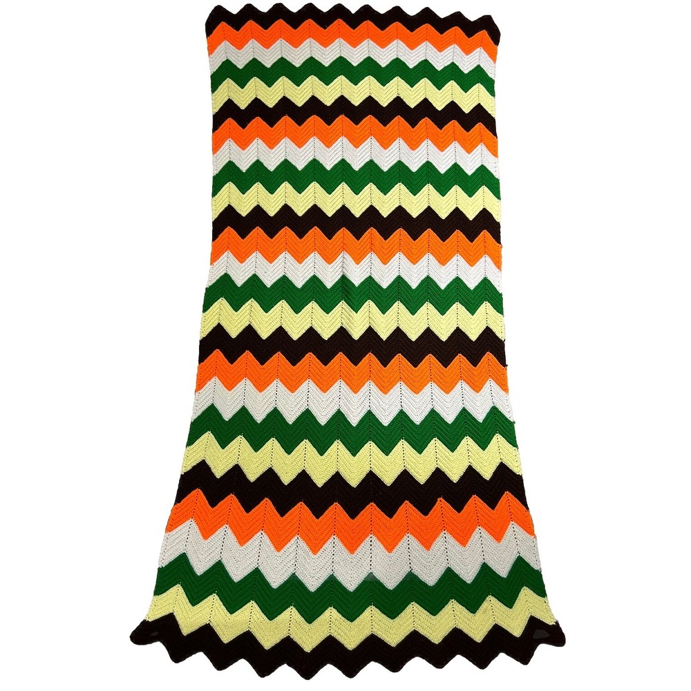 Afghan Crocheted 5 Color Zig Zag‎ Chevron Striped Throw Blanket 83" X 40.5" VTG